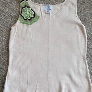 Ann Taylor LOFT Cream Tank Top with Green Crocheted Floral Detail